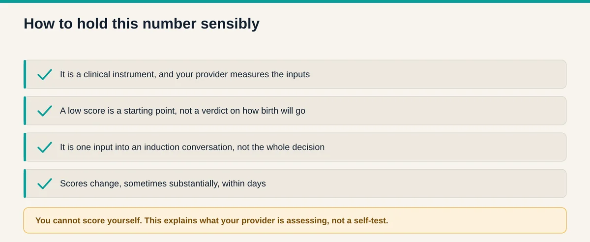 How to interpret a Bishop score sensibly: it is a clinical instrument measured by a provider, a low score is a starting point not a verdict, and scores change