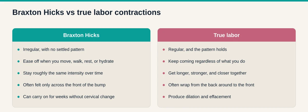 Side by side comparison of Braxton Hicks and true labor contractions, covering regularity, response to movement, intensity, location, and whether they cause cervical change