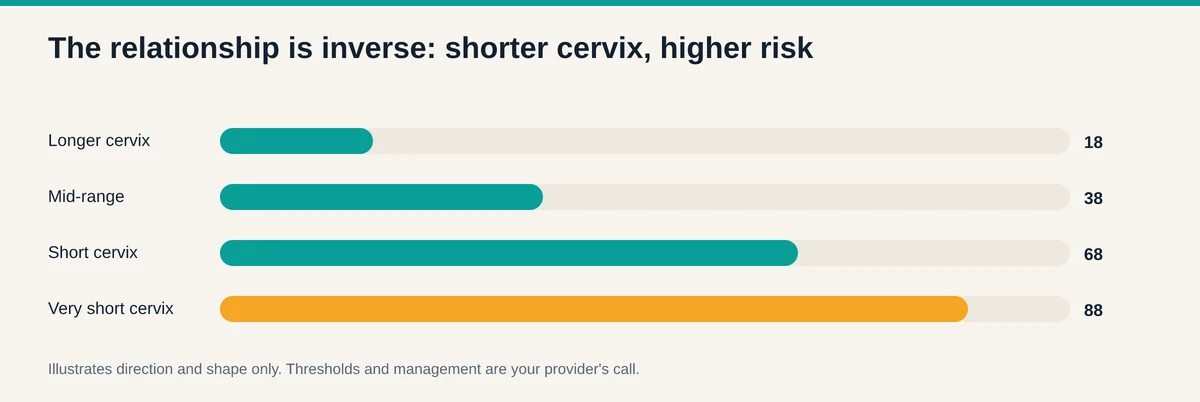 Chart showing the inverse relationship between cervical length and preterm birth risk, where a shorter cervix corresponds to higher risk