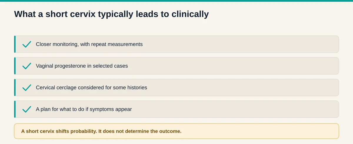 What a short cervix leads to clinically, including closer monitoring, vaginal progesterone in selected cases, and cerclage for some histories