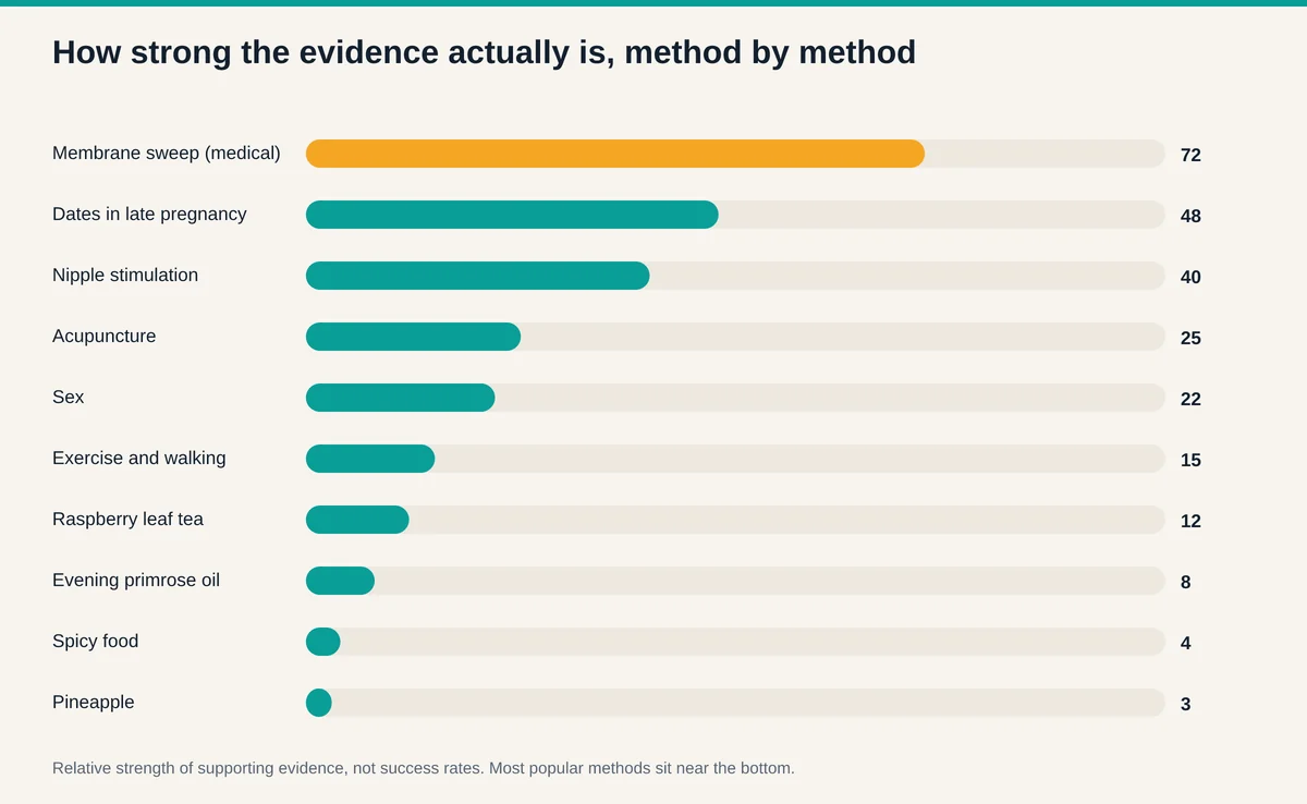 Chart ranking natural labor induction methods by strength of supporting evidence, with membrane sweeping highest and spicy food and pineapple lowest