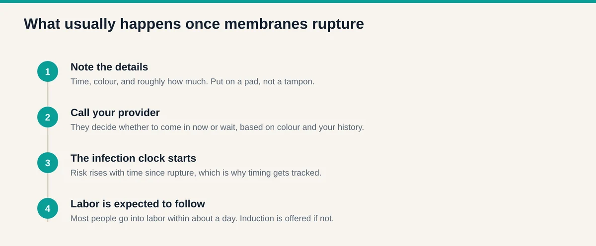 Four stage sequence after membranes rupture: note the details, call your provider, the infection clock begins, and labor is expected to follow